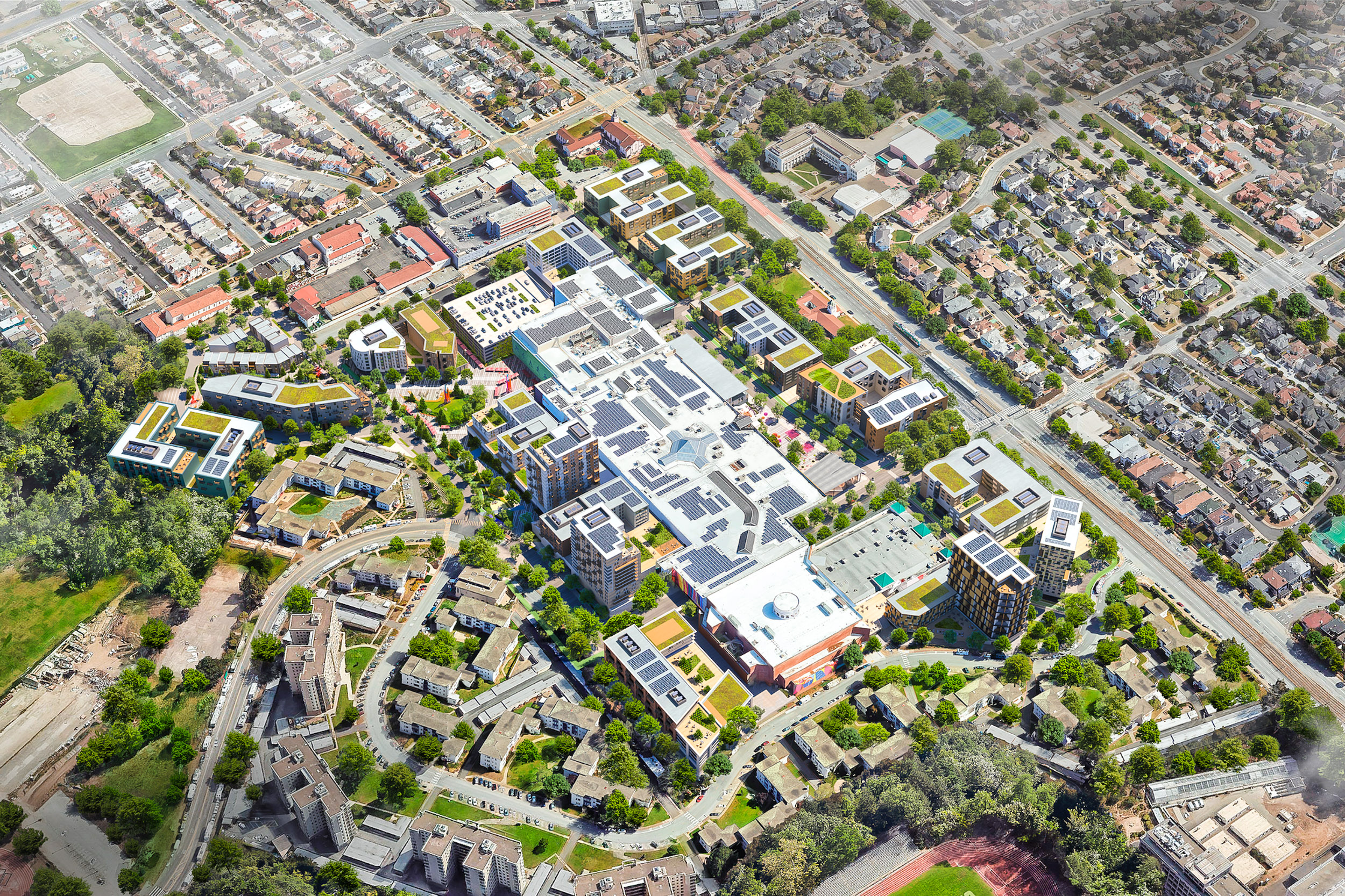 Stonestown aerial view, rendering courtesy Brookfield Properties