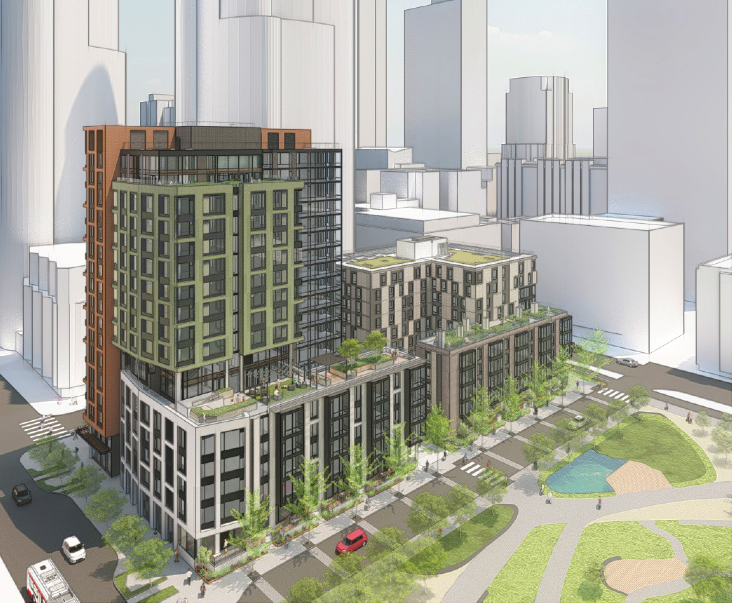 Transbay Block 2 East aerial view over the proposed park, rendering by Kennerly Architecture & Planning