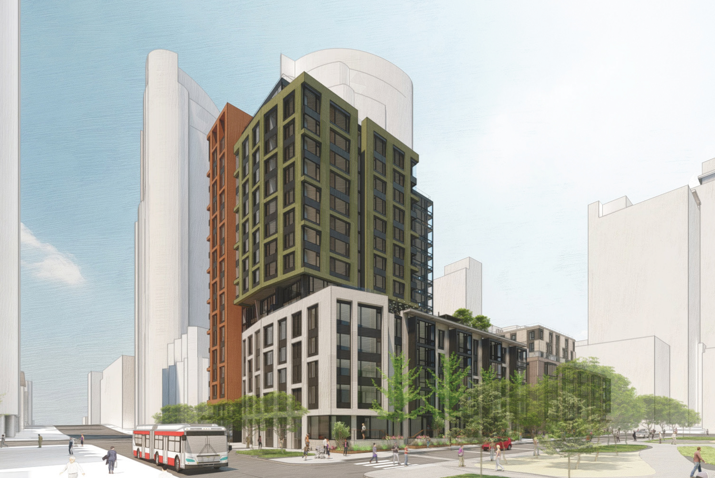 Transbay Block 2 East seen from Main Street and Clementina Street, rendering by Kennerly Architecture & Planning