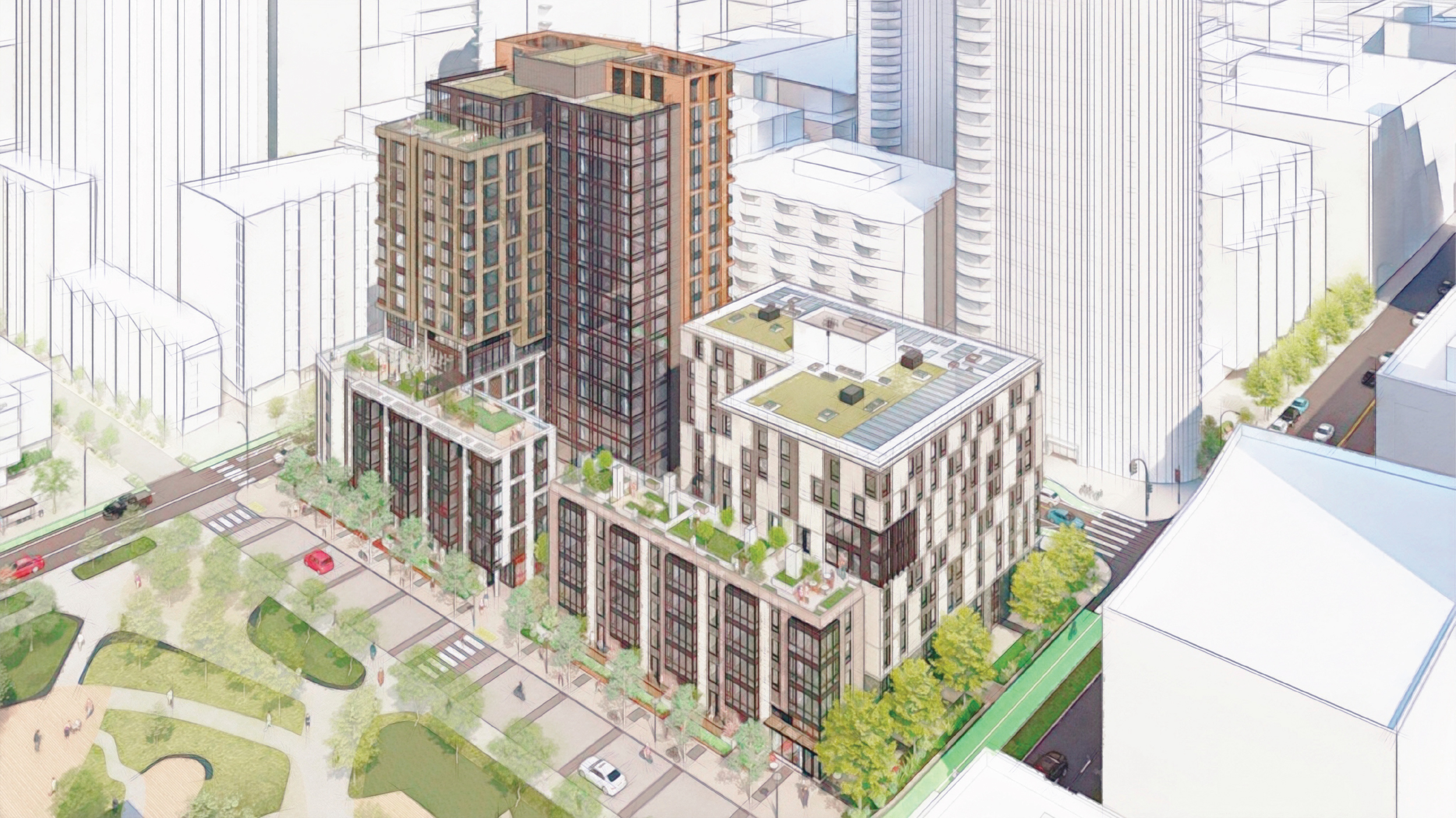 Transbay Block 2 West aerial perspective, rendering by Mithun
