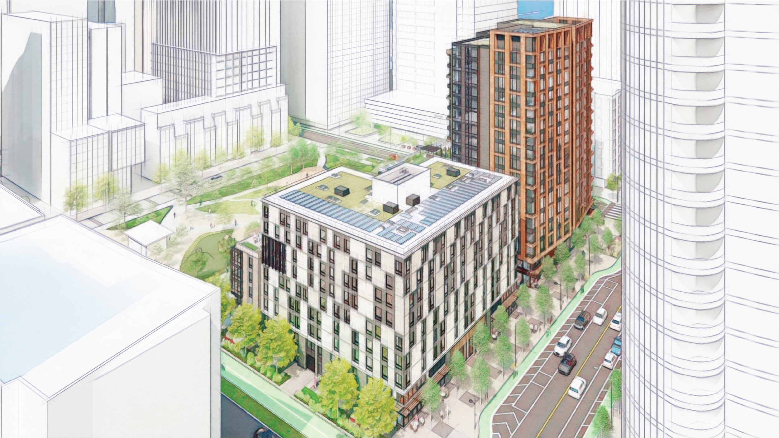 Transbay Block 2 West aerial view from across Beale and Folsom Street, rendering by Mithun