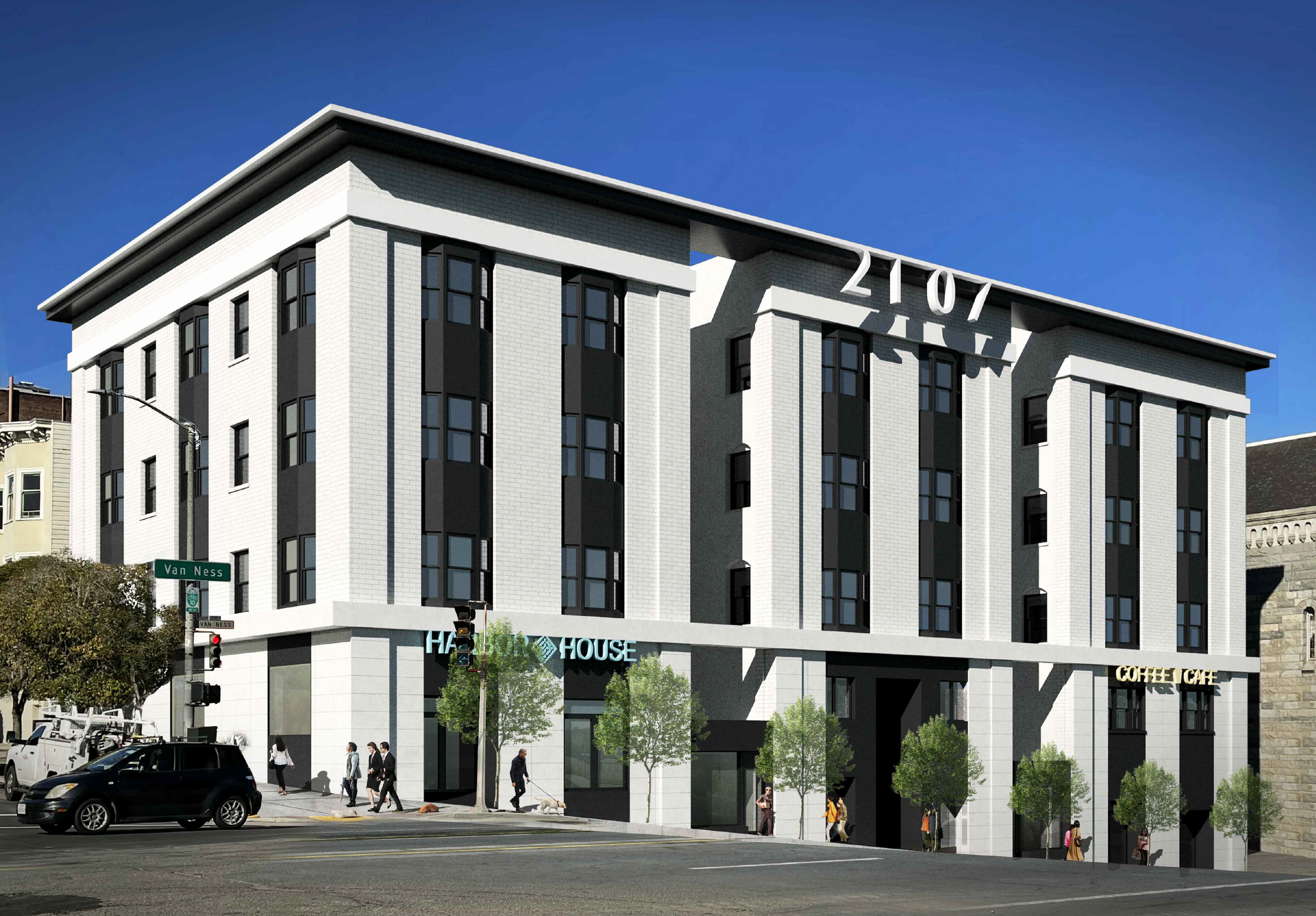 2107 Van Ness Avenue seen from across the street, rendering by Stanley Saitowitz | Natoma Architects