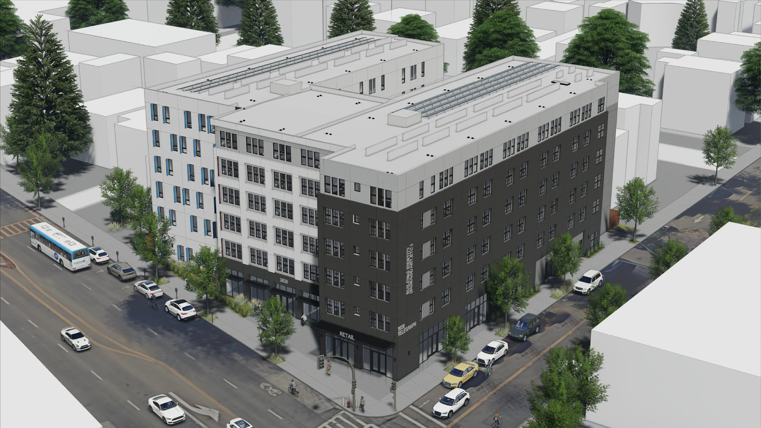 3030 Telegraph Avenue corner aerial view, rendering by Left Coast Architecture