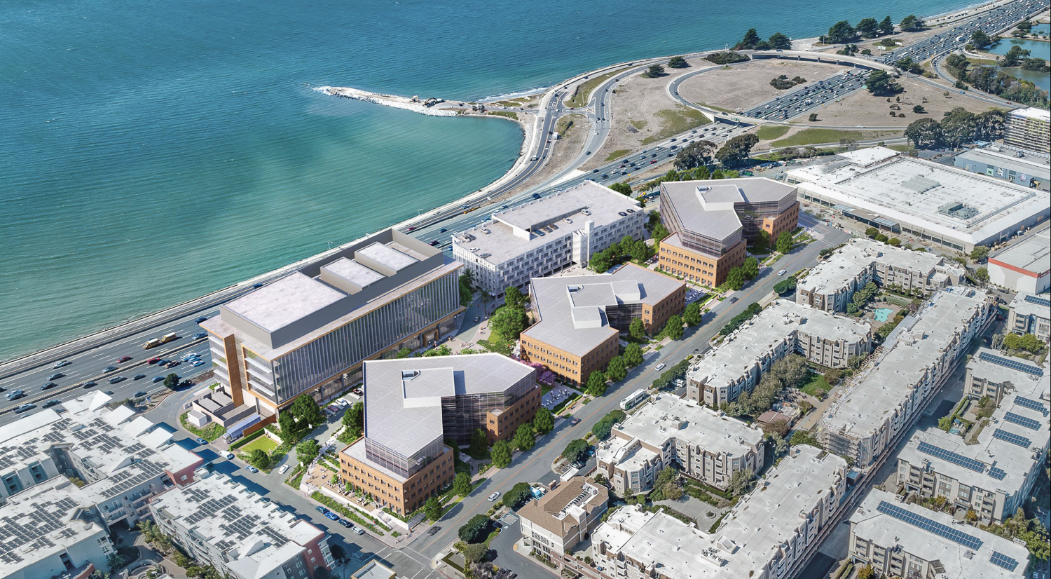 Bay Center Life Science expansion aerial view, rendering by DGA