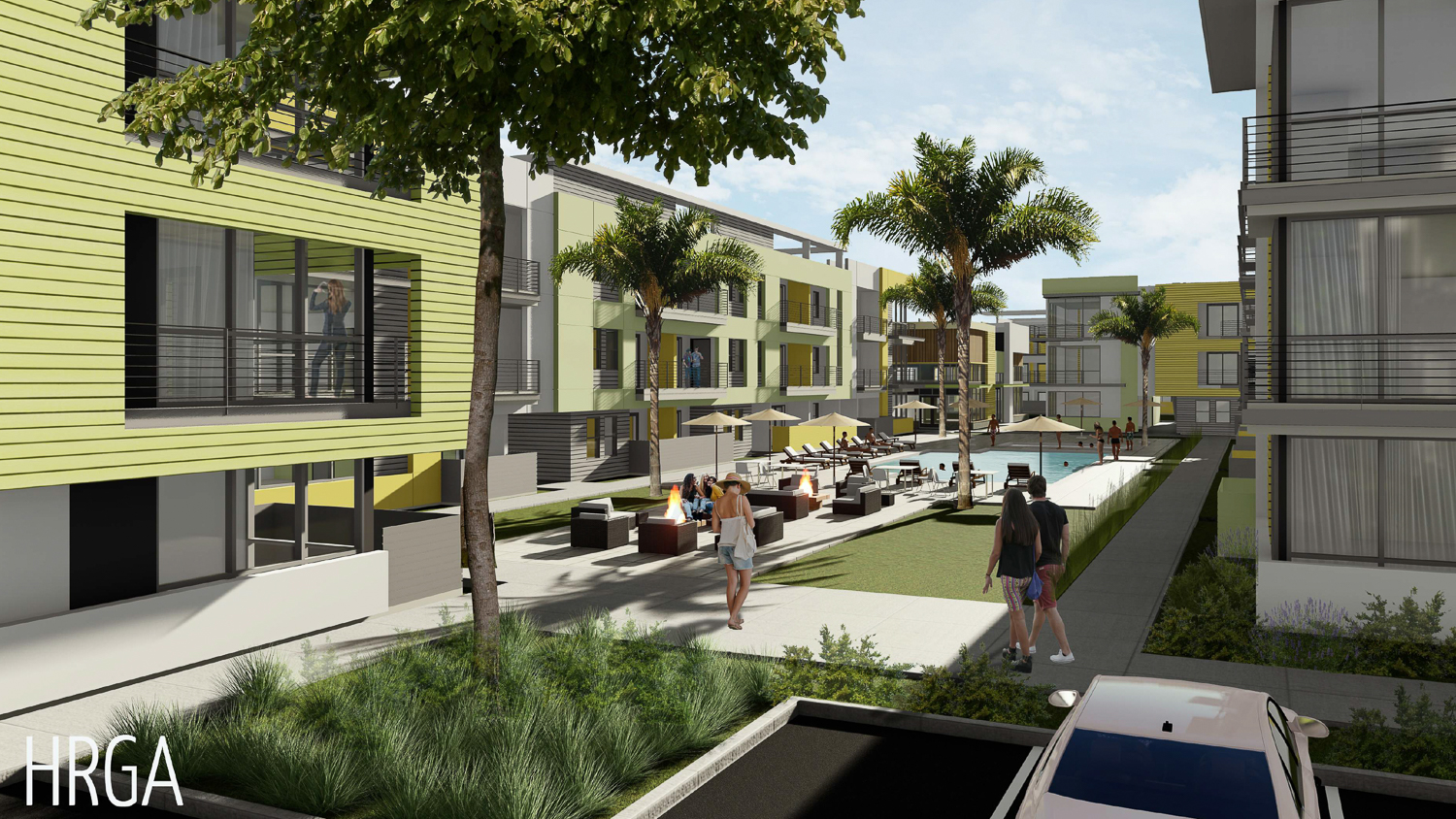 Bruceville Apartments amenity deck view, rendering by HRGA Architects