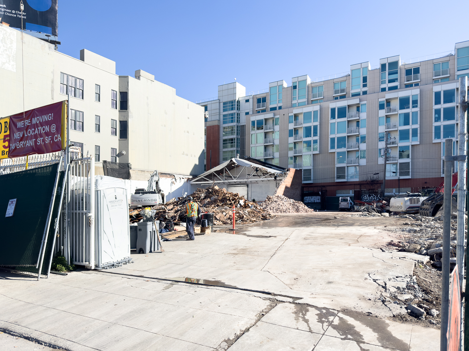 Demolition nearly complete for the single-story brick structure at 555 Bryant Street, image by author
