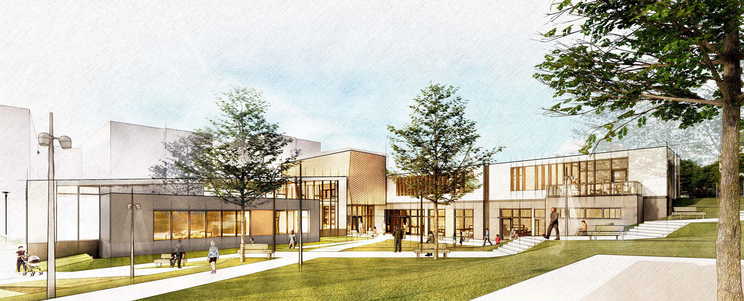 Sunnydale Community Center pedestrian view from the open space, rendering by LMS Architects