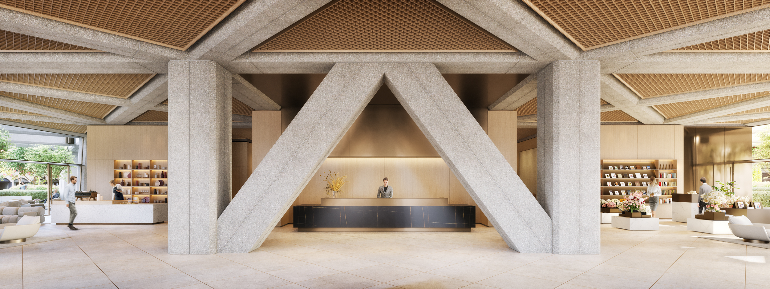 Transamerica Pyramid Lobby Reception view with the structural elements highlighted, rendering by DBOX