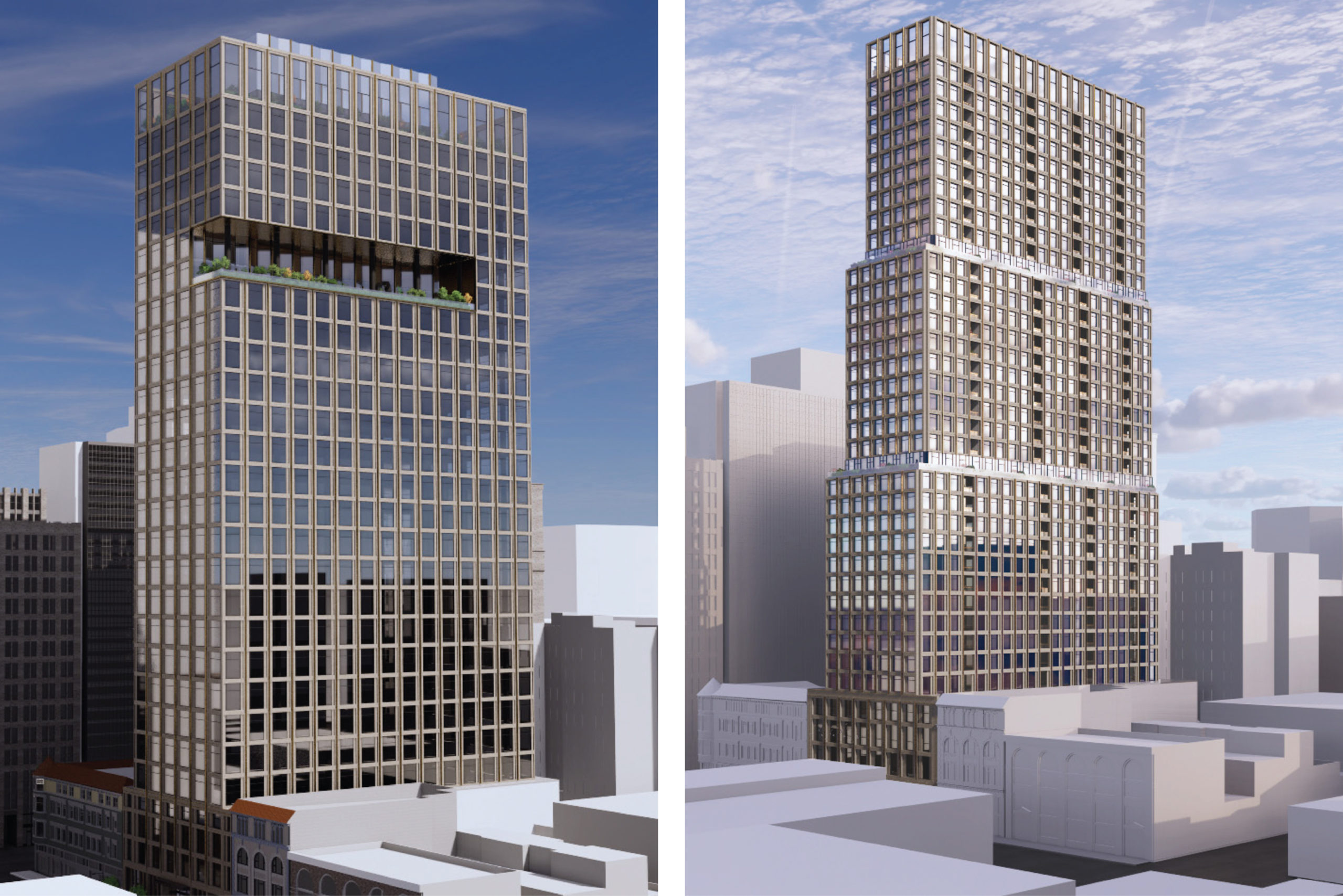 1431 Franklin Street office version (left) and residential version (right), rendering by LARGE Architecture