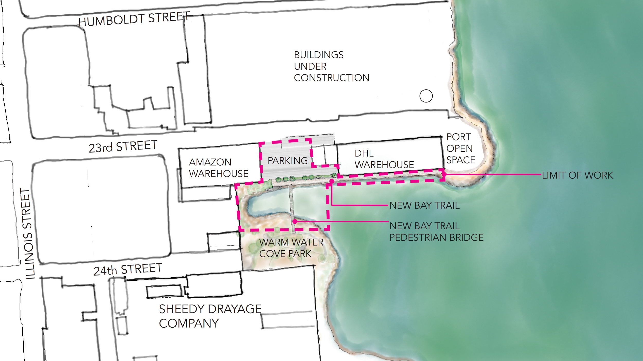 23rd Street Bay Trail site map, illustration by Groundworks Office