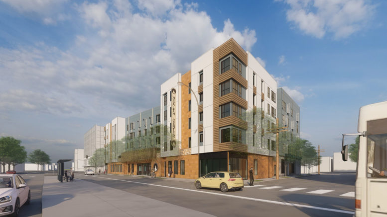 3050 International Boulevard corner site along 31st Avenue, rendering by PYATOK Architects