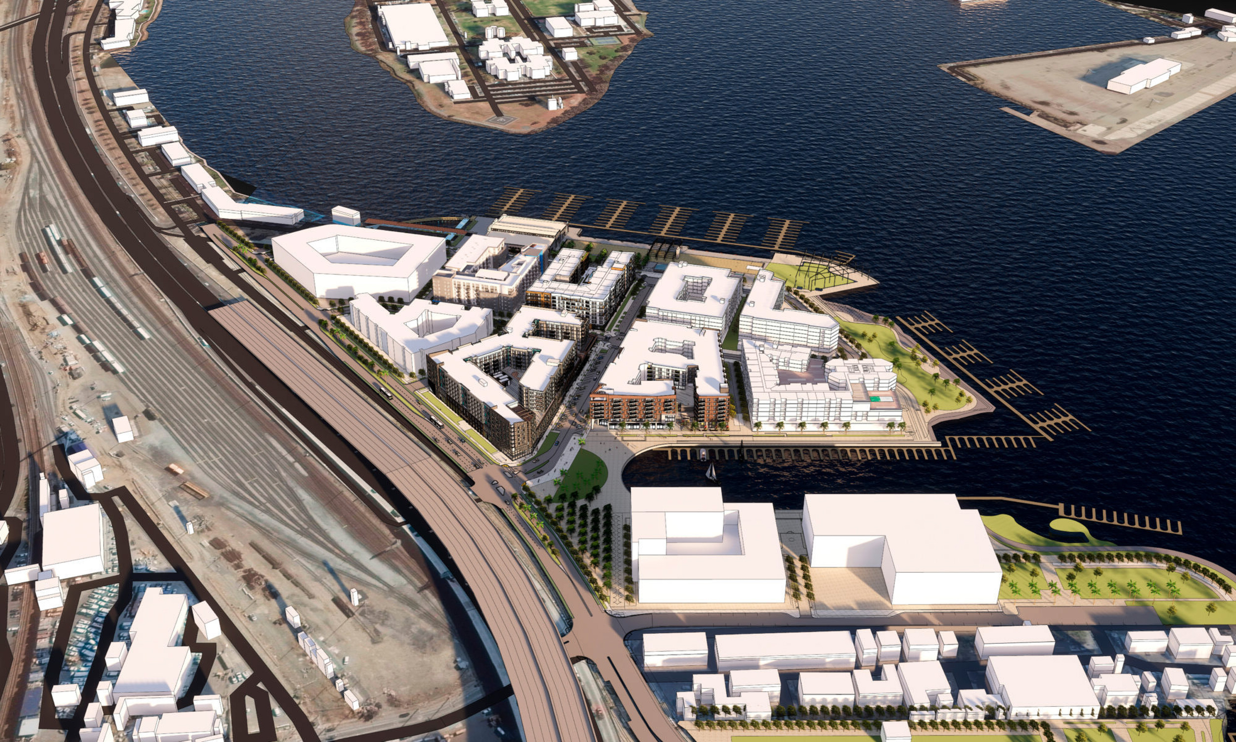 Brooklyn Basin aerial view focusing on Parcel H, rendering by TCA Architects