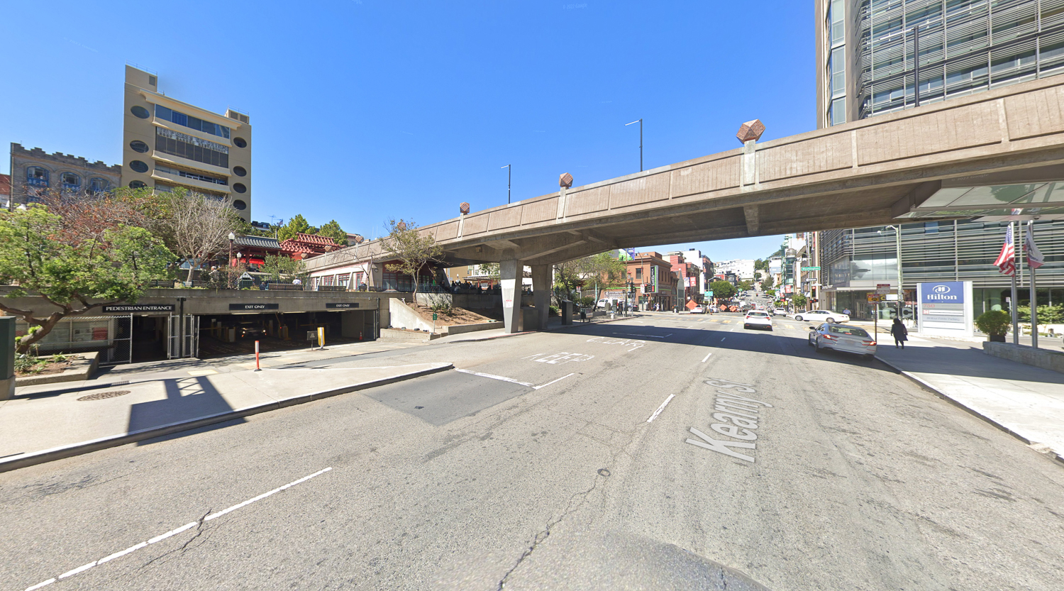 Kearny Street pedestrian bridge and Portsmouth Square, image via Google Street View