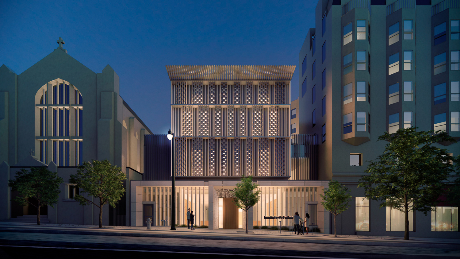 The San Bao Temple at 1750 Van Ness Avenue evening view, rendering by Skidmore, Owings & Merrill
