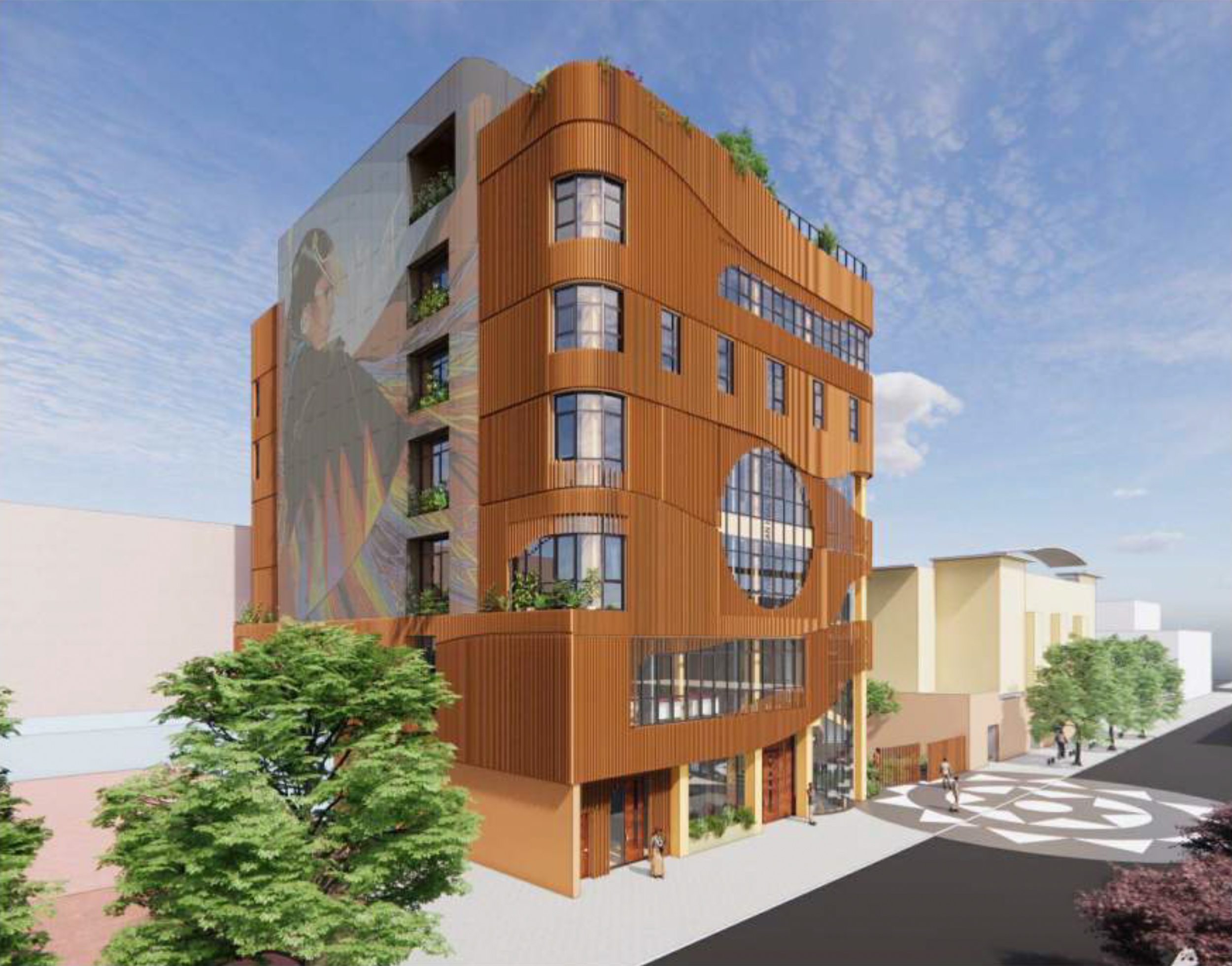 The Village SF at 80 Julian Avenue side view showing a template mural, rendering by PYATOK