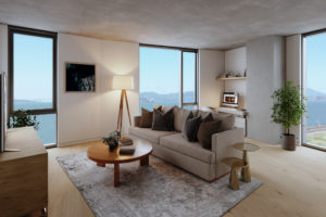 Tidal House living room interior, rendering by David Baker Architects