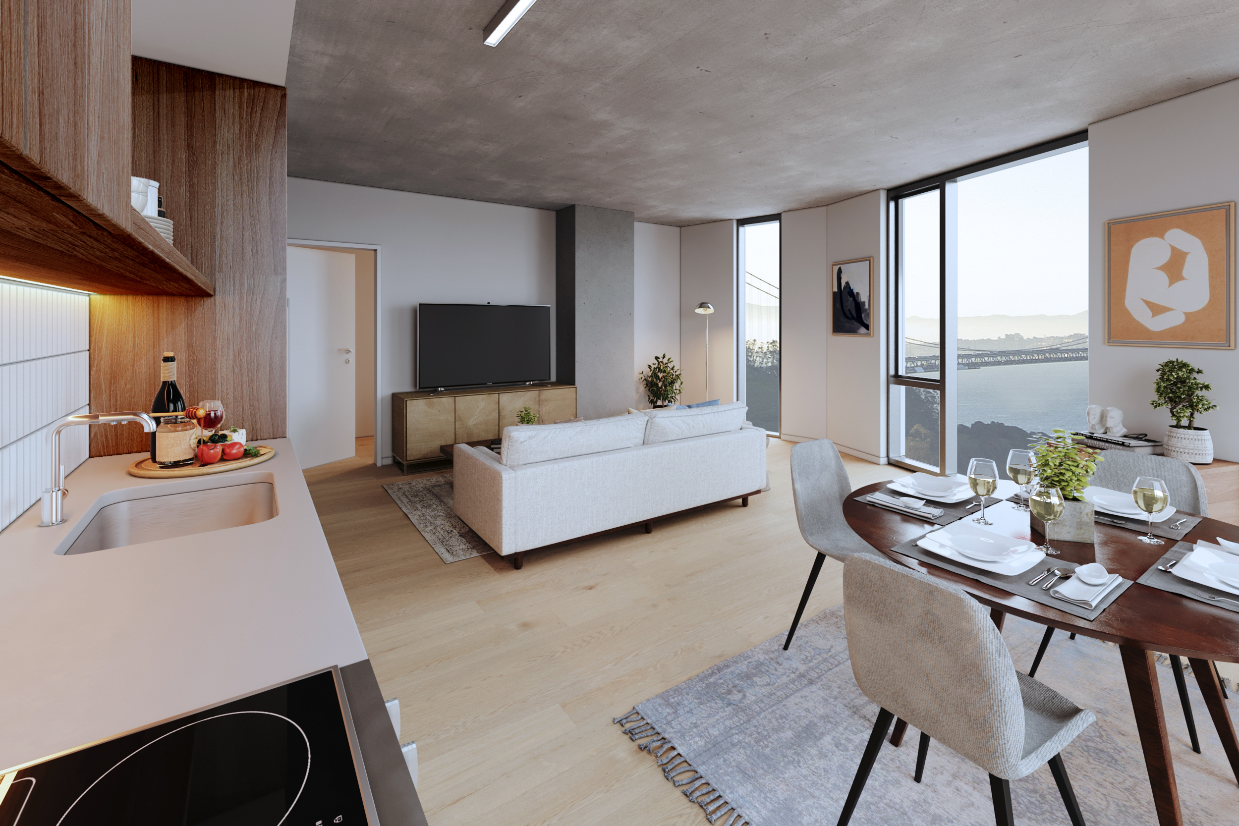 Tidal House living space interior, rendering by David Baker Architects
