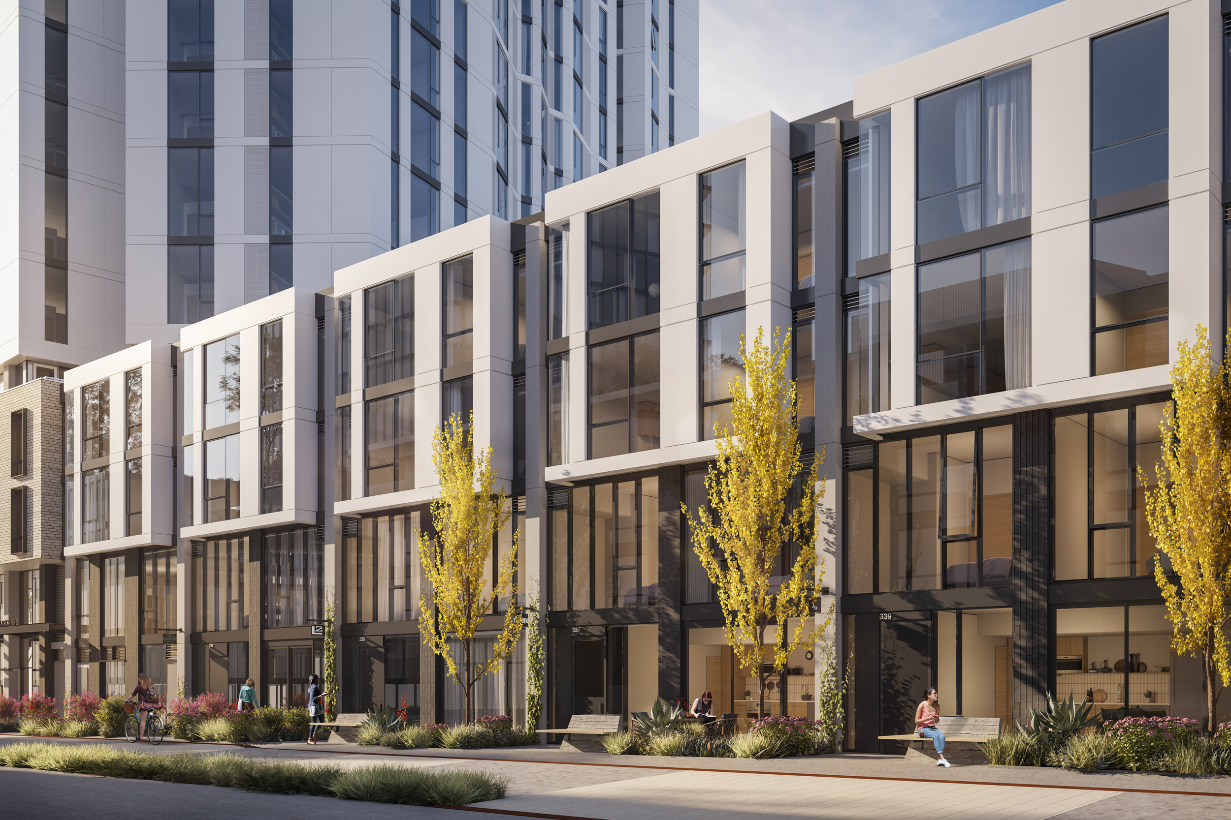 Tidal House podium apartments overlooking the CMG-designed shared public way, rendering by Hayes Davidson