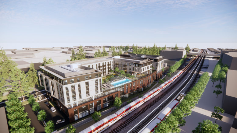 1154 Sonora Court establishing view seen over the Caltrain tracks, rendering by WRNS Studio