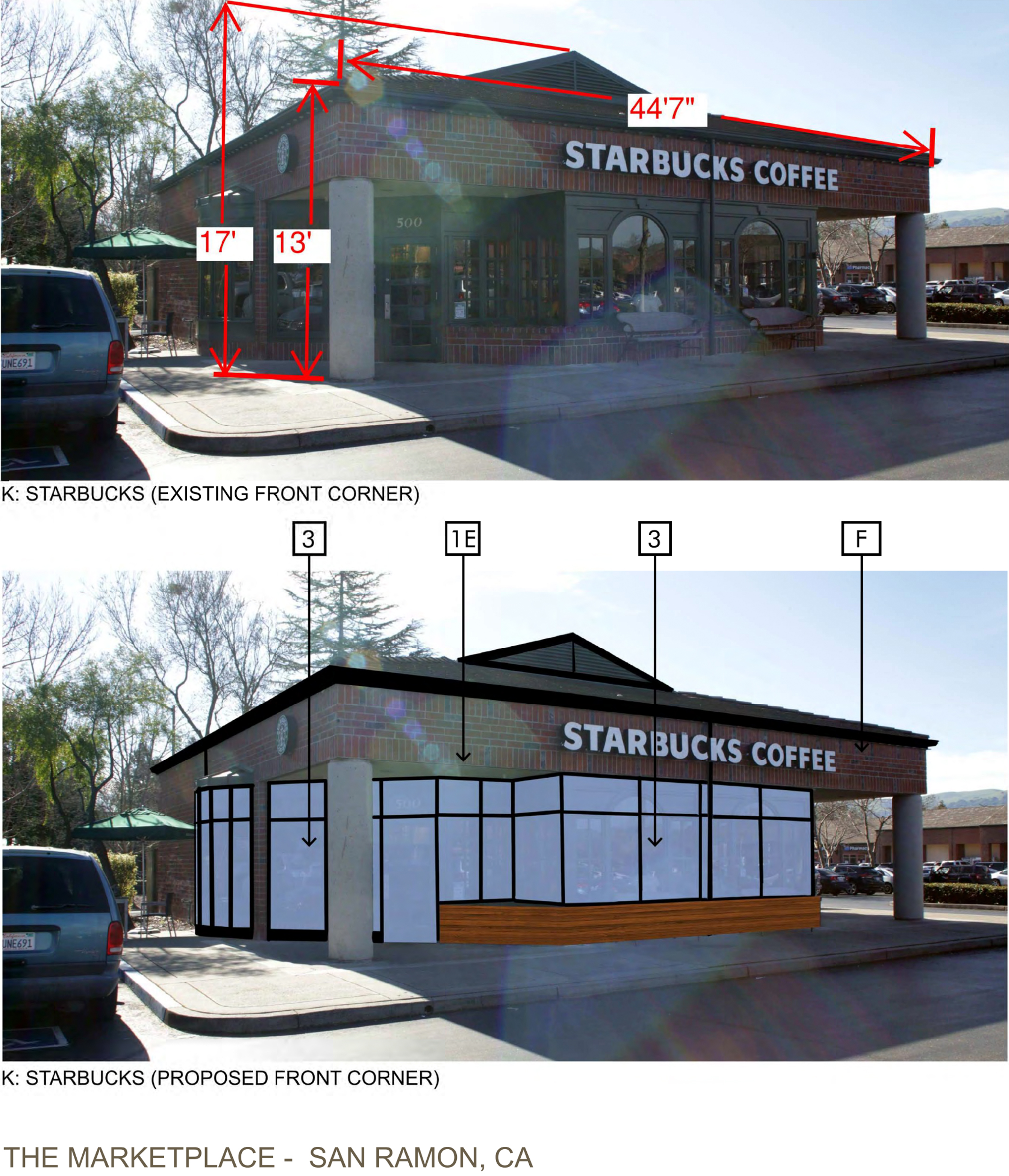 130 Market Place planned changes to the Starbucks, illustration by KTGY Architects