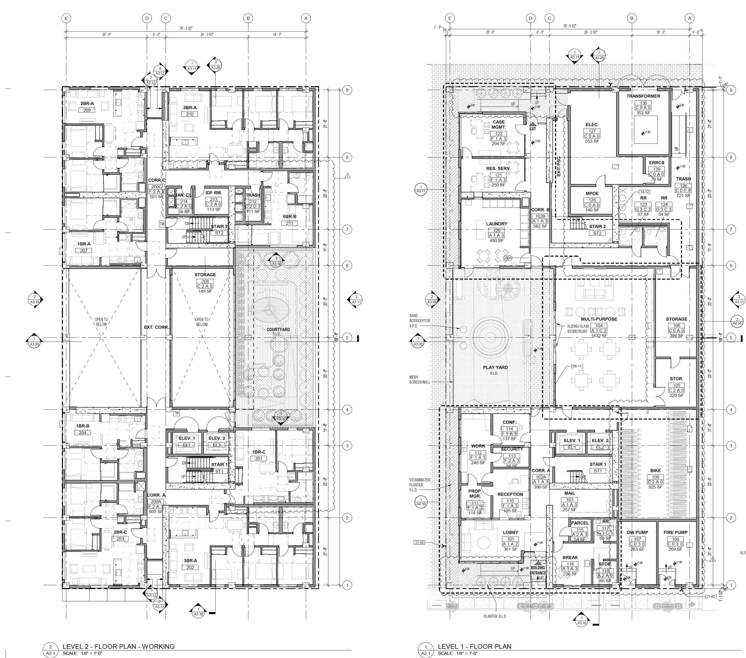 160 Freelon Street floor plans for levels one and two, illustration by LMSa and YA Studio