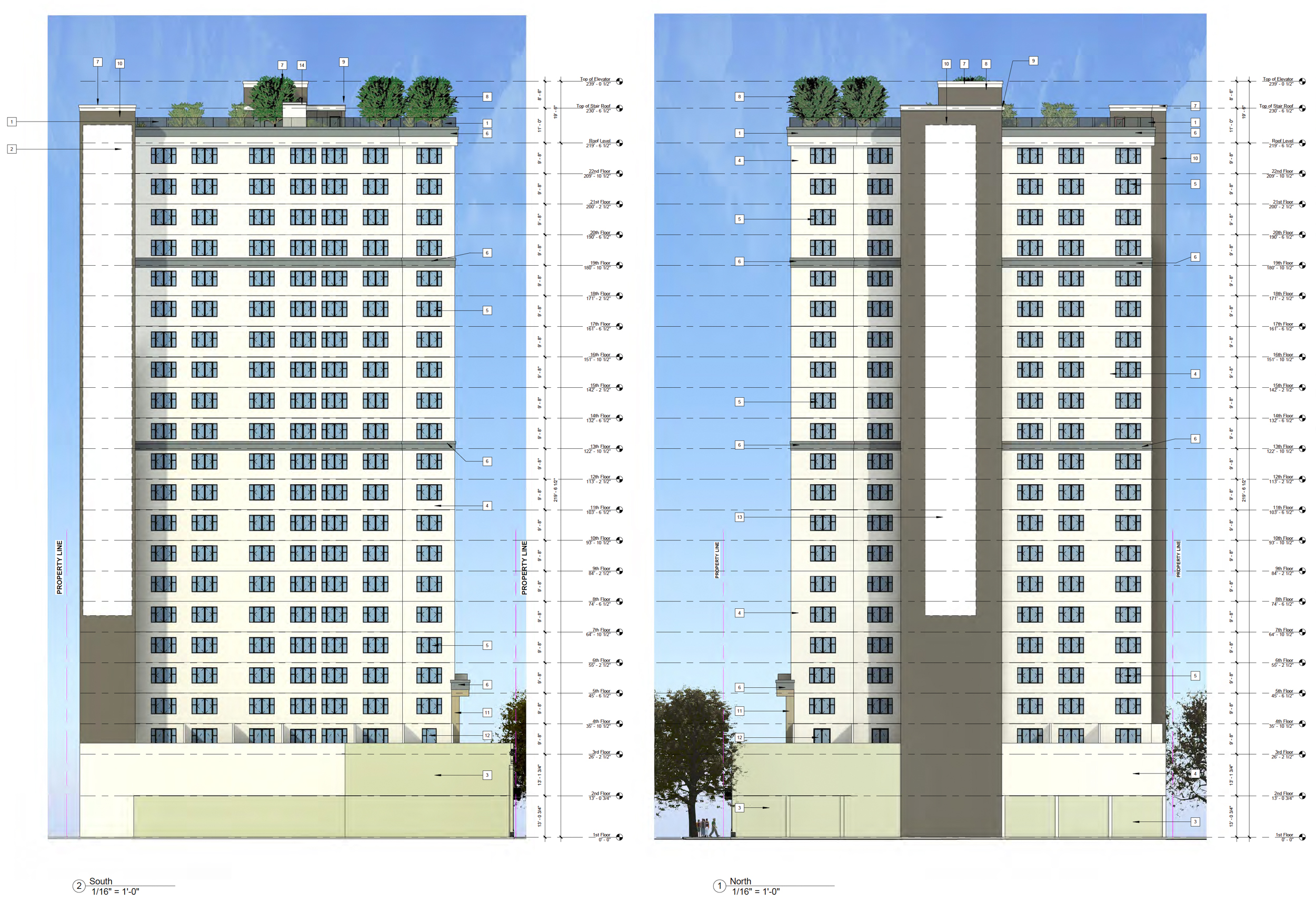 19 North 2nd Street facade elevations of the North and South faces, illustration by Anderson Architects