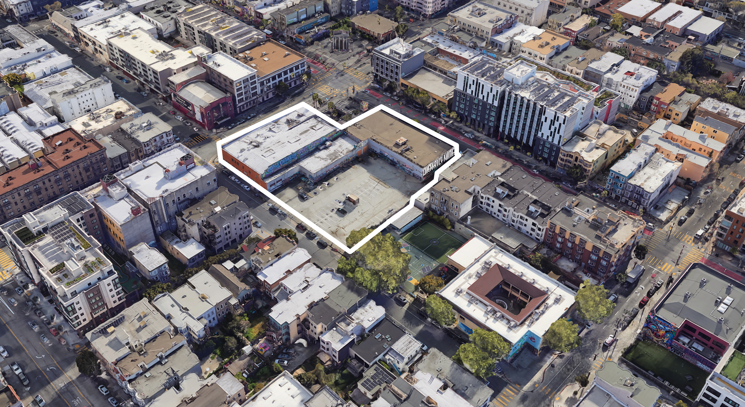 1979 Mission Street property outlined approximately according to site map, image via Google Satellite