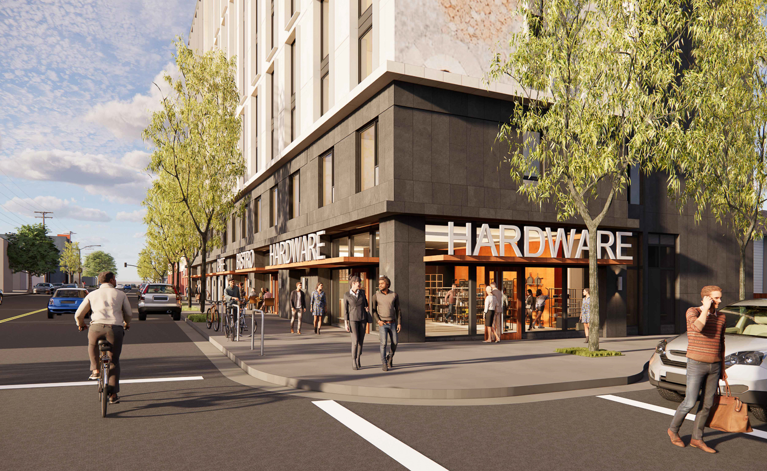 2920 Shattuck Avenue street view of the potential hardware store, rendering by Trachtenberg Architects