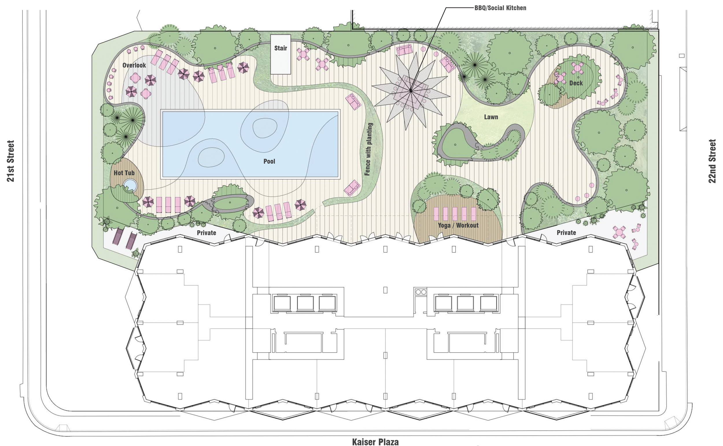 Town Tower at 323 22nd Street podium landscaping map, illustration by EinwillerKuehl Landscape Architecture