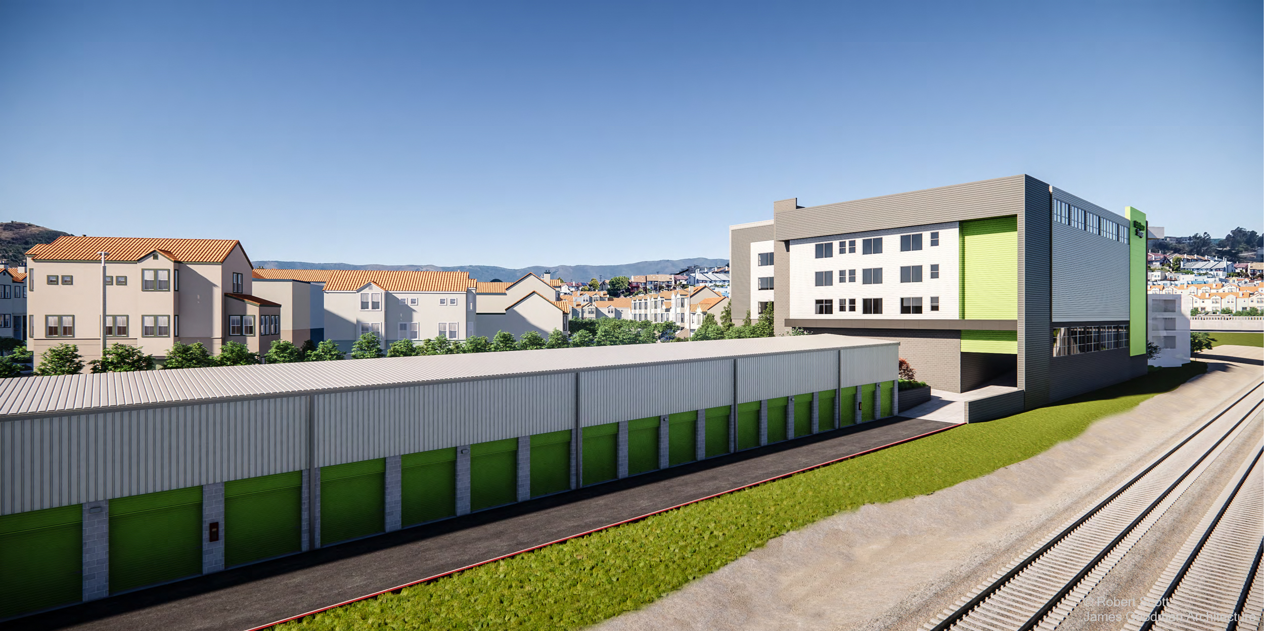 1700 Egbert Avenue self storage building seen from the adjacent train tracks, rendering by James Goodman Architecture and Robert Scott