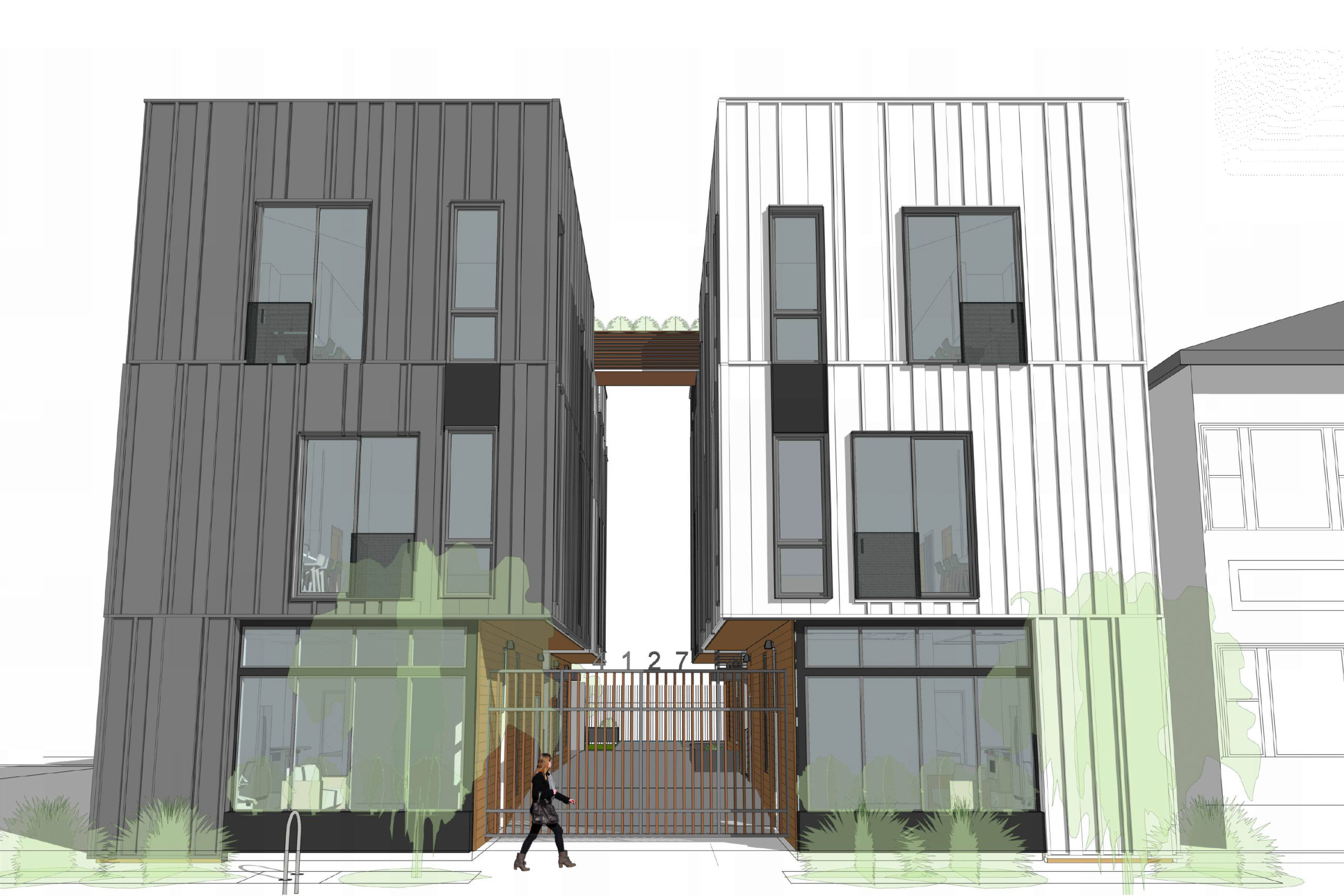 4127 Martin Luther King Jr. Way street view of the cantilevered structures and internal driveway, rendering by Kava Massih Architects