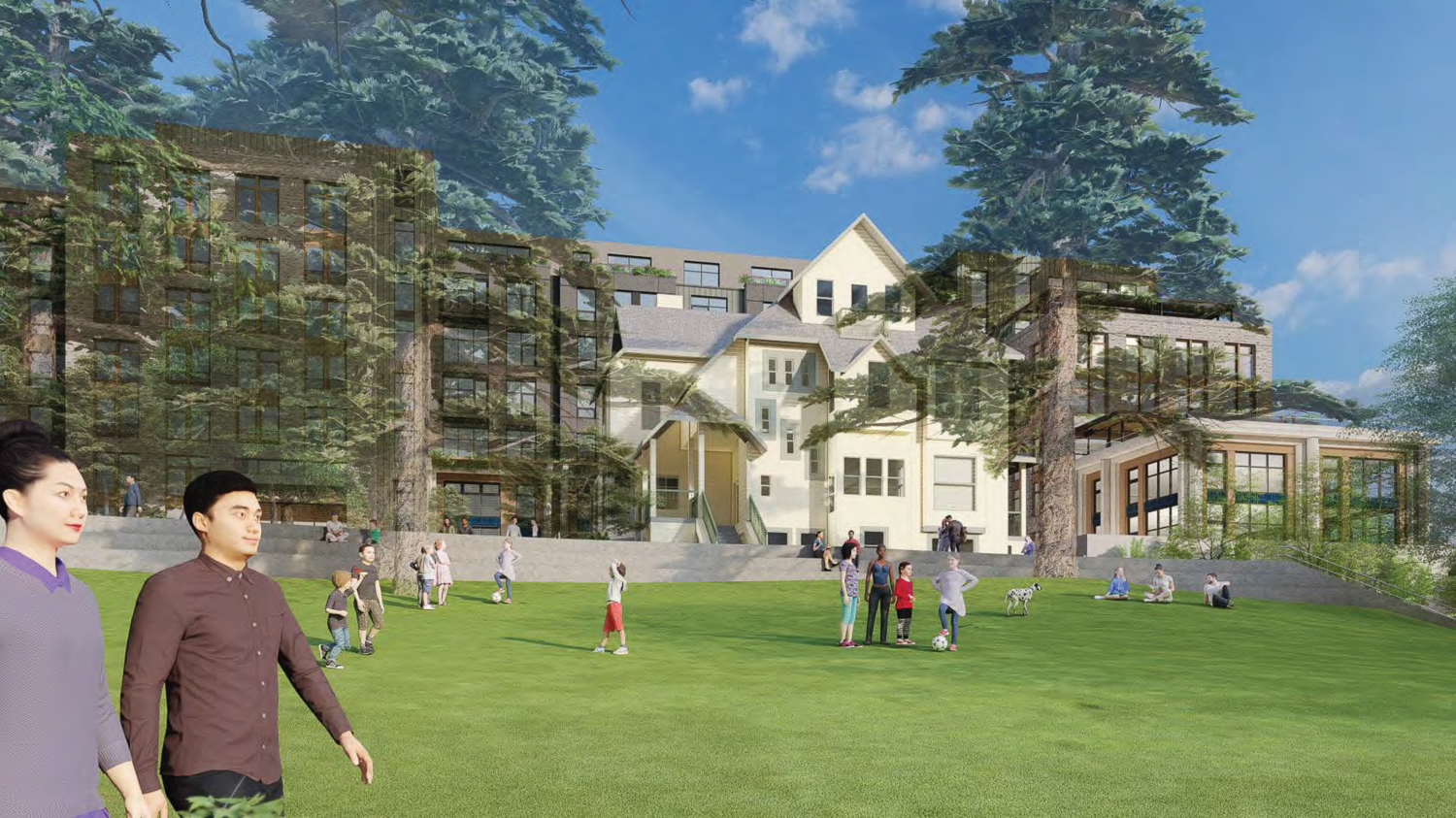 5200 Broadway Macky Lawn looking towards Macky Hall historic building, rendering by Mithun