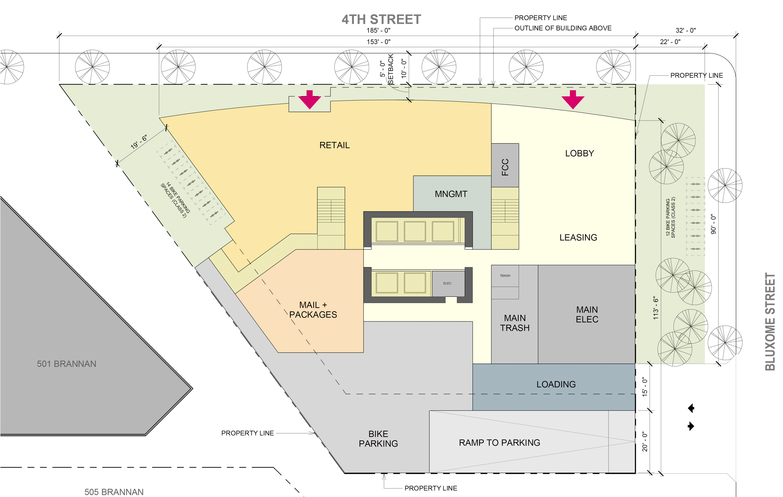 636-648 4th Street ground-level floor plan, illustration by Solomon Cordwell Buenz