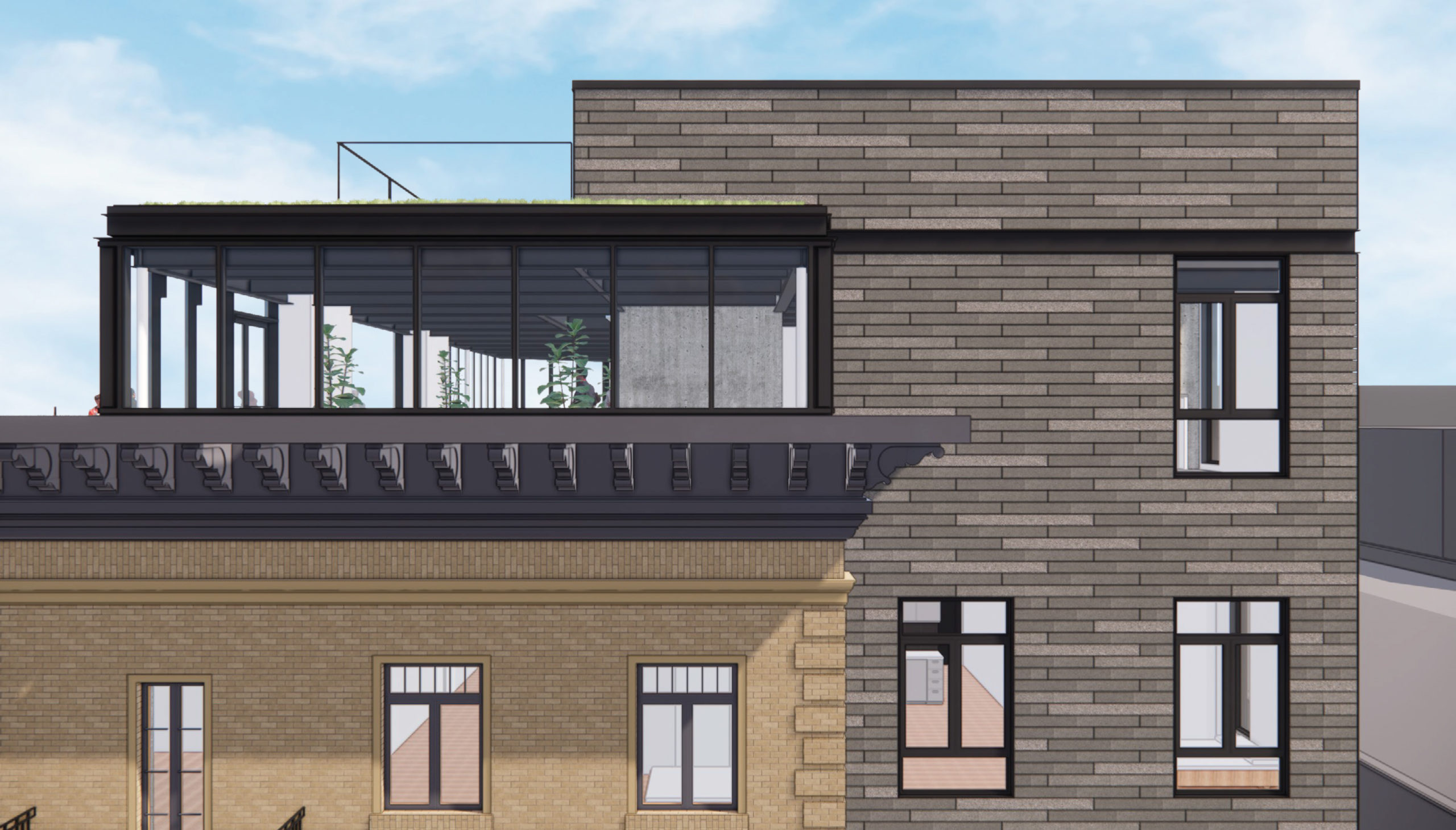659 Union Street restaurant terrace and the historic masonry and new details, rendering by multistudio