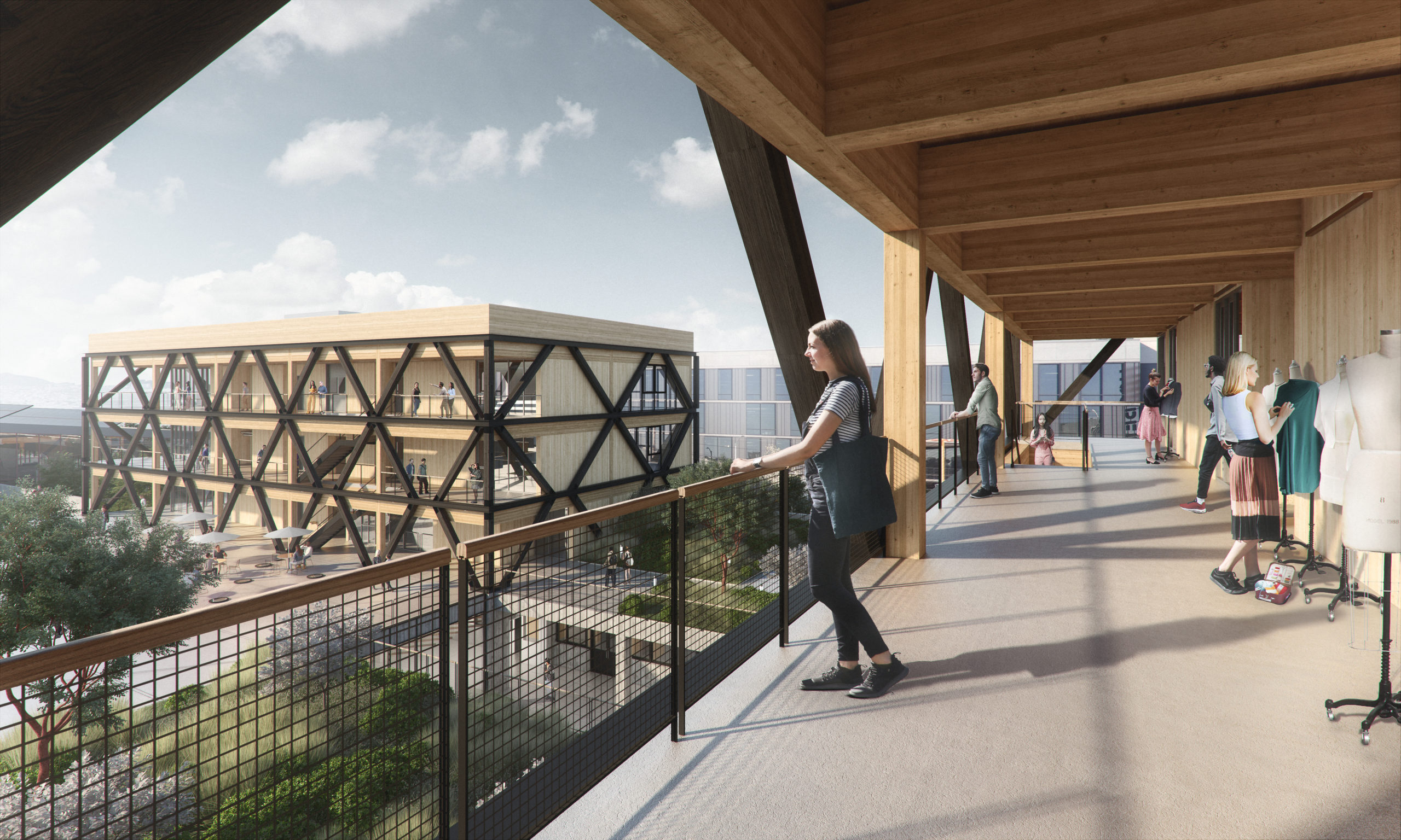 CCA campus mass timber structures seen from the exposed hallways, rendering by Studio Gang and Kilograph