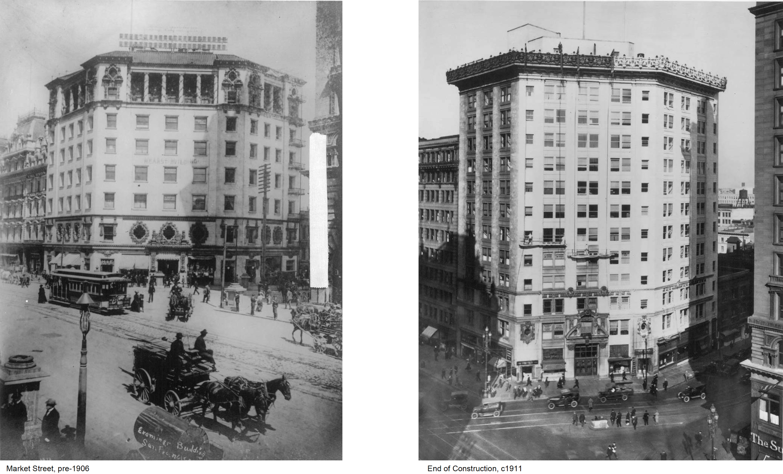 Hearst Building 1898 version and 1911 version, historic images via Knapp Architects