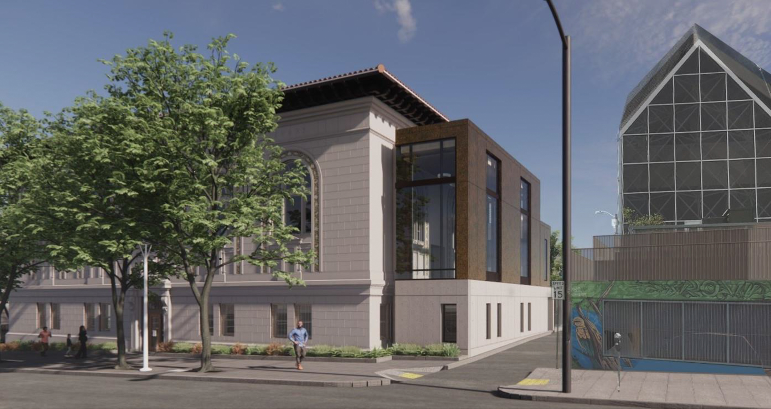 Mission Library side-view of the expansion from 24th Street, rendering via SF Public Works
