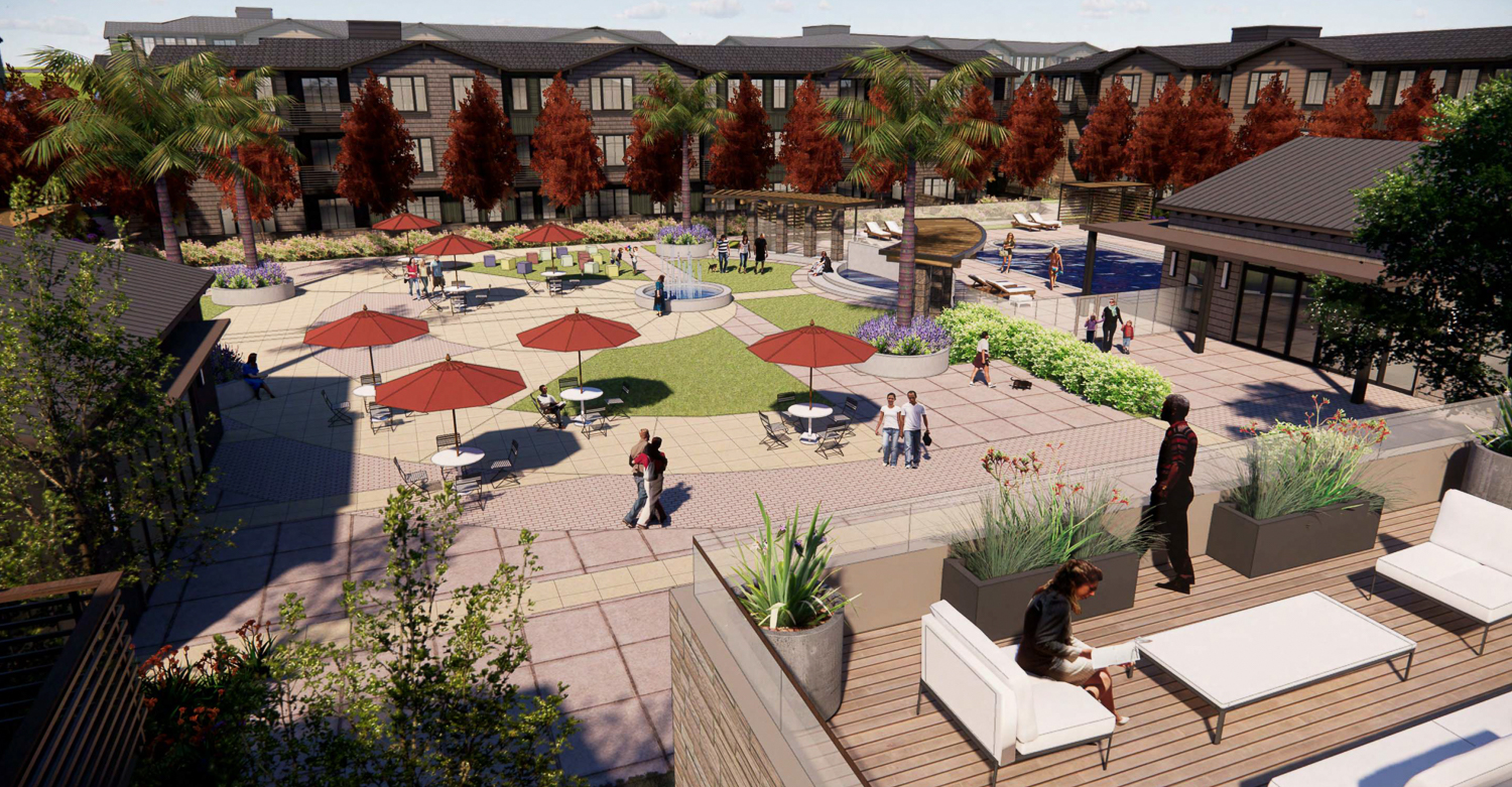 Terrace of Lafayette central green space, rendering by KTGY Architects