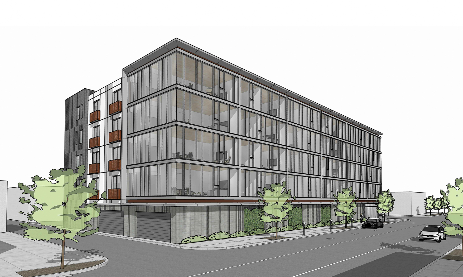2101 J Street northwest view across 21st Street and Improv Alley, rendering by Vitae Architecture