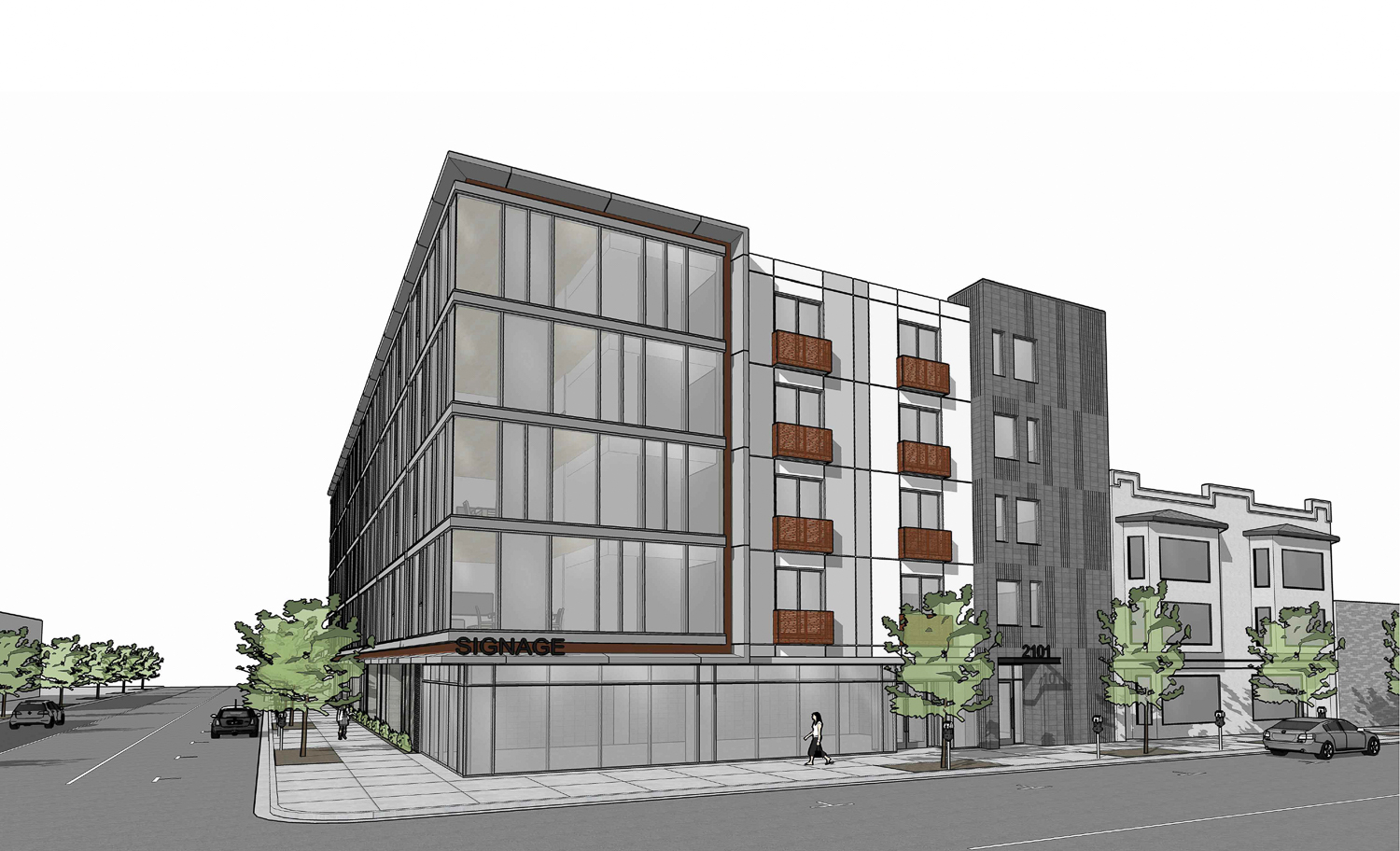 2101 J Street south view across J Street, rendering by Vitae Architecture