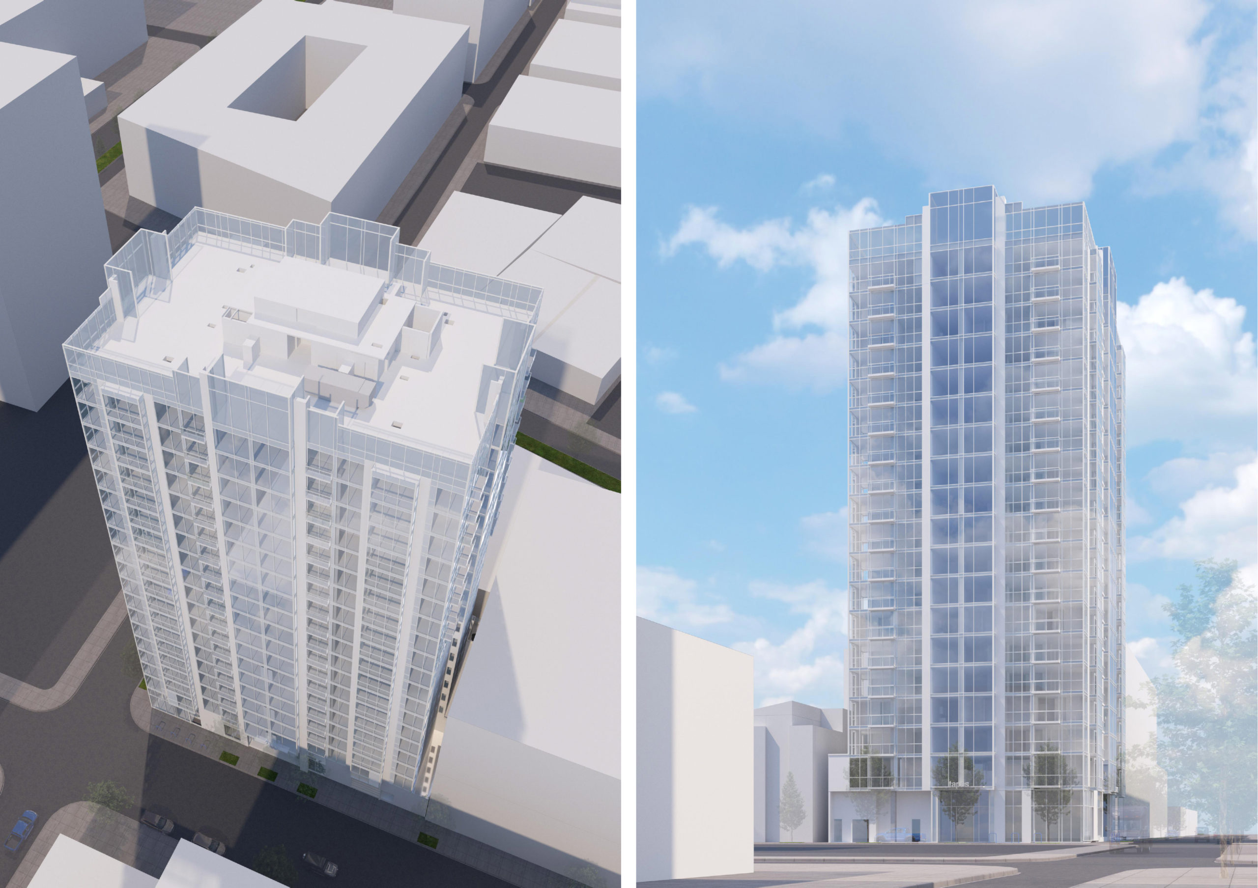 2305 Webster Street aerial view of the east facade (left) and view north on Webster (right), rendering by Ankrom Moisan