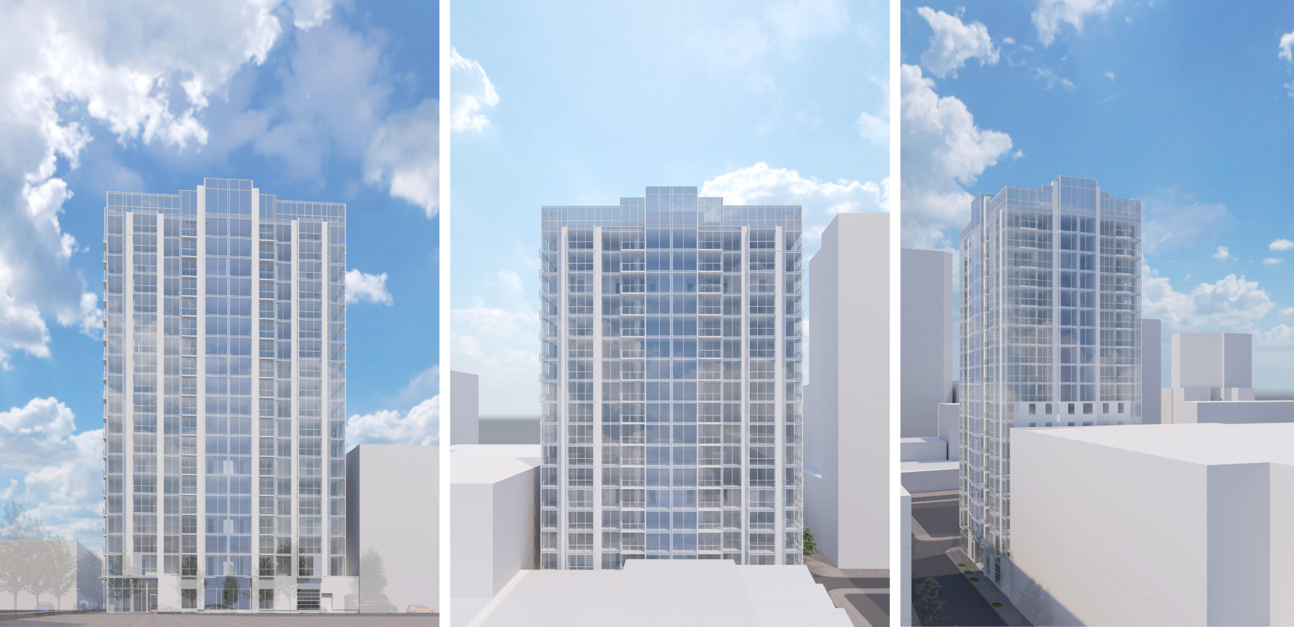 2305 Webster Street east facade (left) view from I-980 (center) and view from south on Webster (right), rendering by Ankrom Moisan