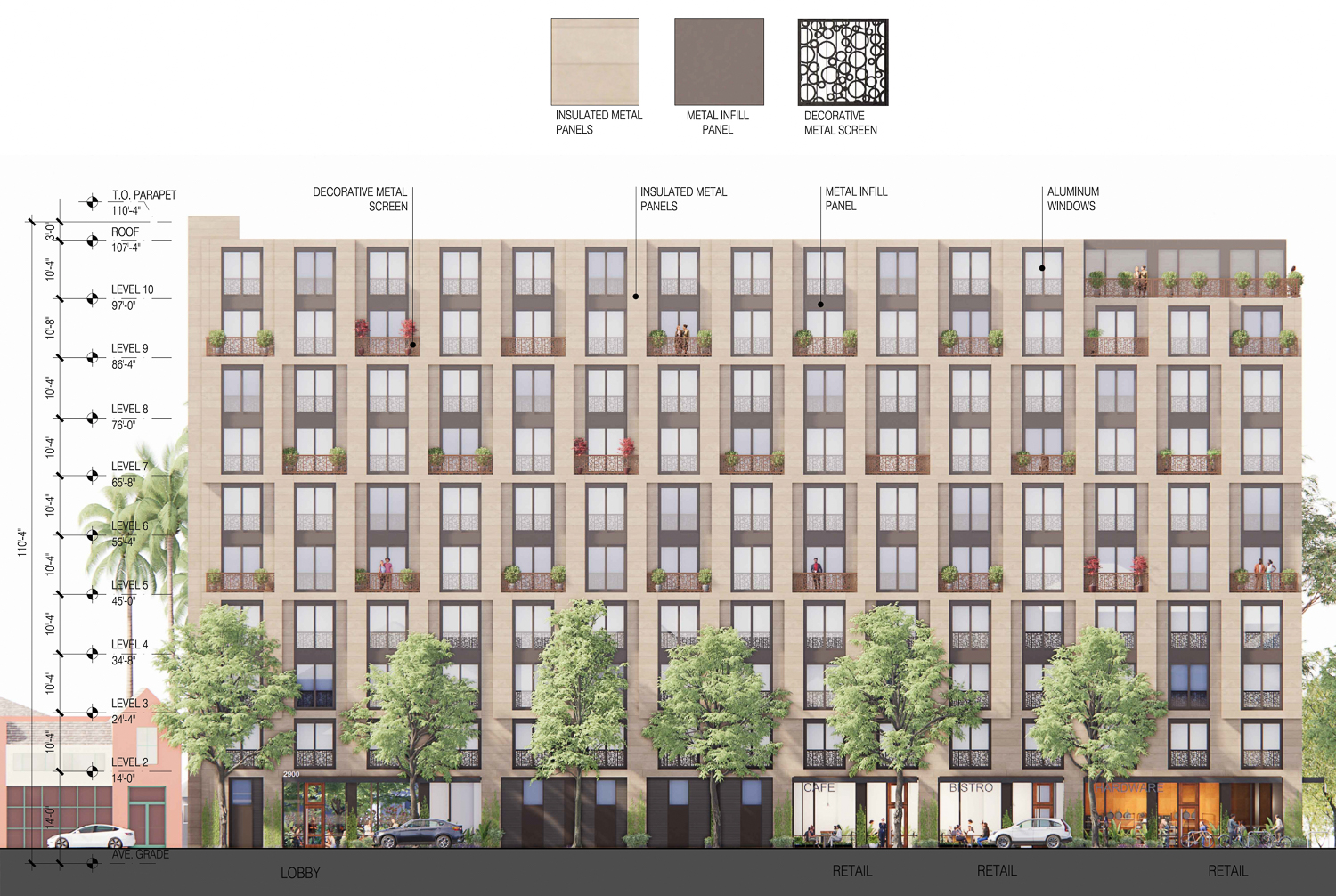 2900 Shattuck Avenue facade elevation, illustration by Trachtenberg Architects