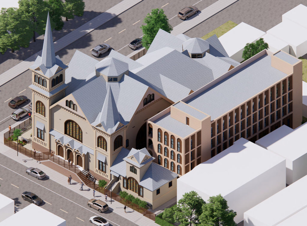 Brooklyn Arms affordable housing at 1433 12th Street aerial view, rendering by AS Architecture