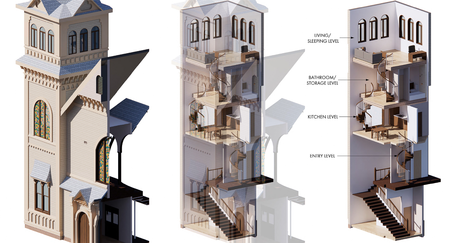 Brooklyn Arms affordable housing church cross-section, rendering by AS Architecture