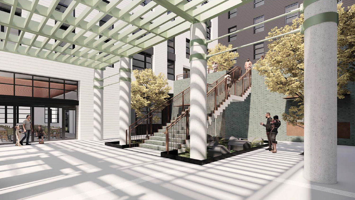 Hunters Point Shipyard Block 52 entry courtyard, rendering by Mithun