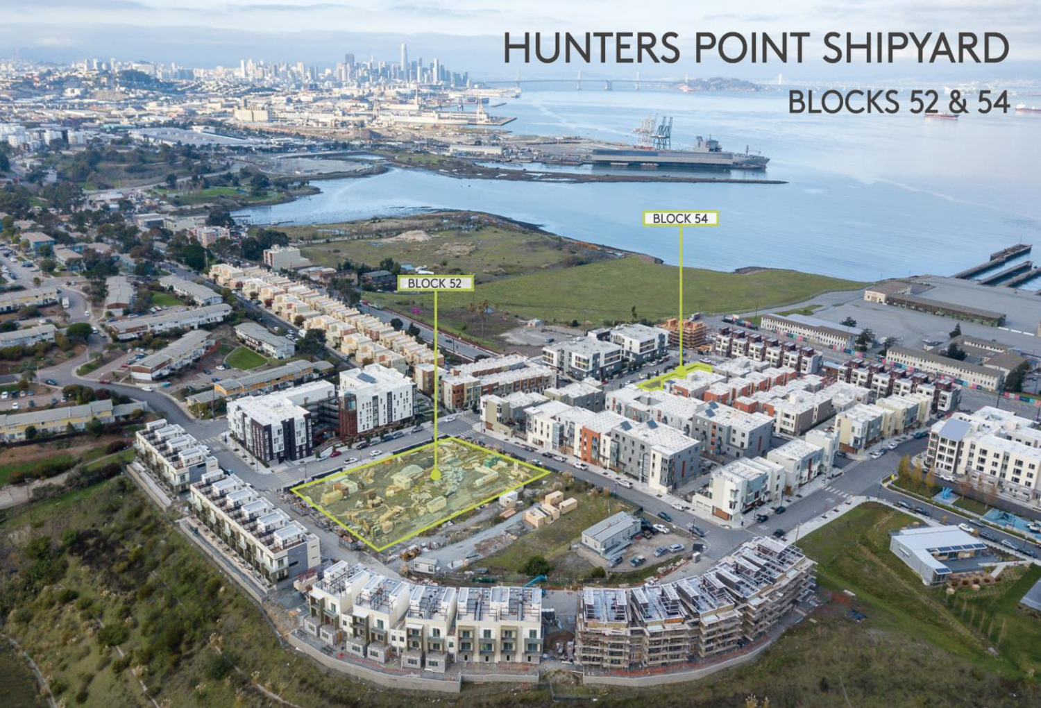 Hunters Point Shipyard aerial view with Blocks 52 and 54 property outlined in yellow