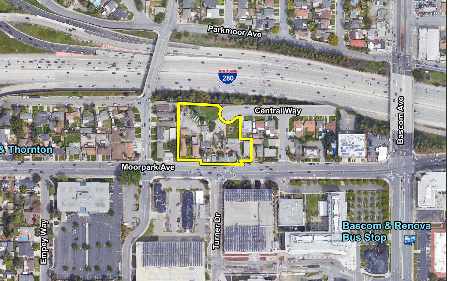 Moorpark Avenue housing project site map outlined by the project team, image via Google Satellite