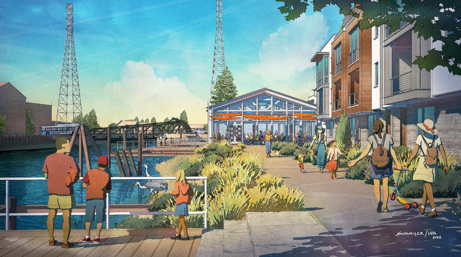 Oyster Cove Apartments trail looking toward the adaptively reused Oyster Shed, illustration by UDA