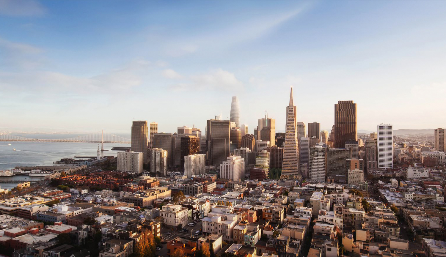 Transamerica Pyramid and the skyline aerial view from Coit Tower, rendering by Foster + Partners